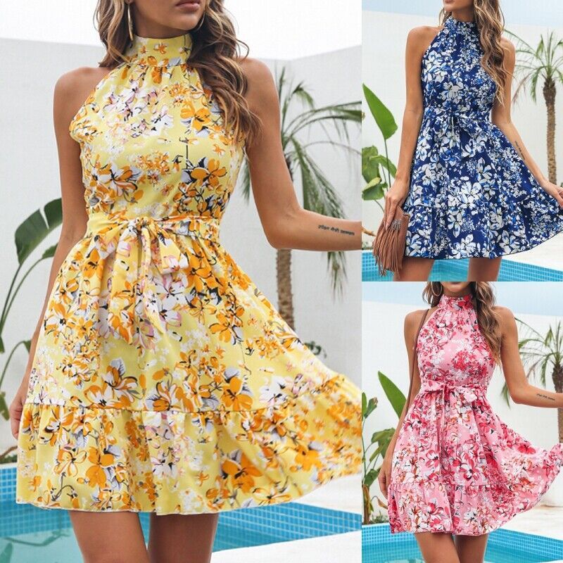 Sommerkleid mit Blumenmuster – Ärmelloses Halterneck-Chiffonkleid für Damen